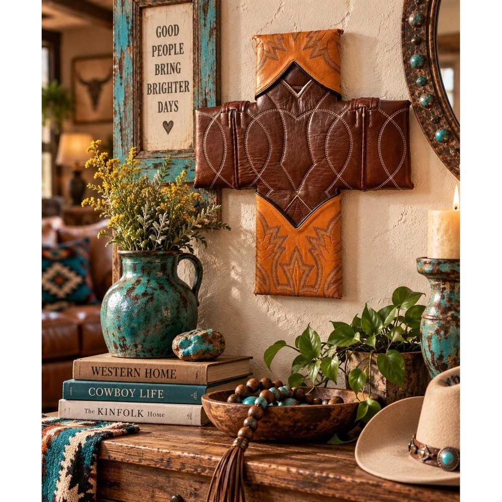 VTG Handmade Cowboy Boot Leather Cross Wall Decor Western Ranch Folk Art 12"